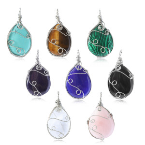 Stainless steel wire wrapped oval natural stone water droplet pendant