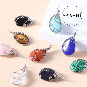 Stainless steel wire wrapped oval natural stone water droplet pendant