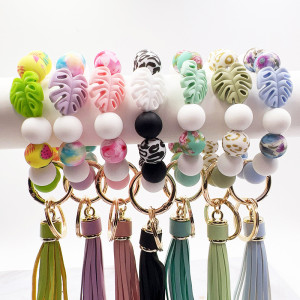 Leaf silicone print silicone bead tassel keychain bag car key anti loss
