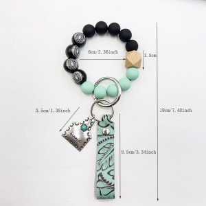 Western Cowboy Wooden Bead Handmade Bead Green Leather Embossed Alloy Pendant Keychain