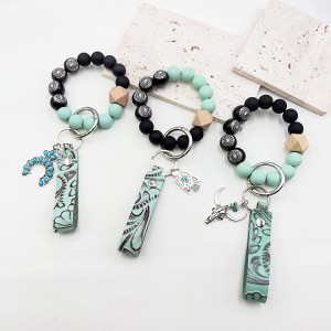 Western Cowboy Wooden Bead Handmade Bead Green Leather Embossed Alloy Pendant Keychain