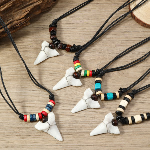 Bohemian Summer Holiday Surfing Wooden Beads Shark Tooth Necklace
