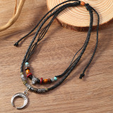 Vintage woven rope necklace, long drawstring, handmade bead, multi-layer necklace