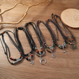 Vintage woven rope necklace, long drawstring, handmade bead, multi-layer necklace