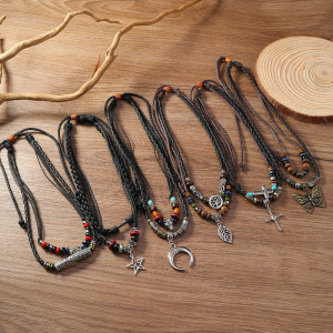 Vintage woven rope necklace, long drawstring, handmade bead, multi-layer necklace