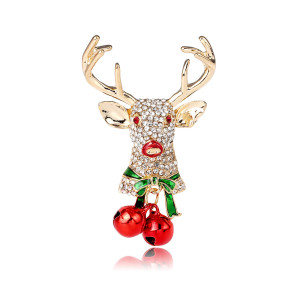 Christmas diamond studded reindeer bell brooch