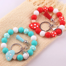 Keychain pendant leather PU short tassel mushroom silicone bead bracelet keychain