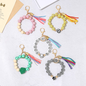 Colorful wooden bead bracelet keychain tassel cat paw leaf bracelet pendant