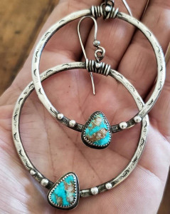 Vintage silver turquoise triangular turquoise large circle earrings