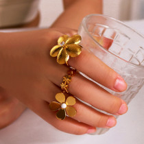 Stainless steel flower set with diamonds, pearls and rhinestones, adjustable opening ring