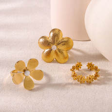 Stainless steel flower set with diamonds, pearls and rhinestones, adjustable opening ring
