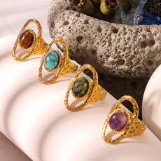 Stainless steel geometric inlaid natural stone hollow ring