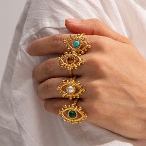 Stainless steel hollow pattern inlaid with natural stone ring