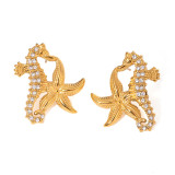Stainless steel seahorse starfish rhinestone earrings
