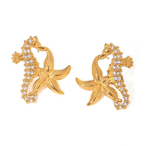 Stainless steel seahorse starfish rhinestone earrings