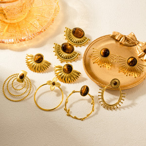 Stainless steel tiger stone natural stone earrings