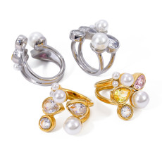 Stainless Steel Zircon Pearl Open Ring
