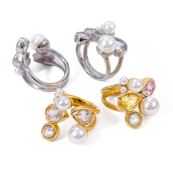 Stainless Steel Zircon Pearl Open Ring