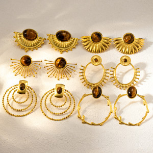 Stainless steel tiger stone natural stone earrings