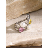 Stainless Steel Zircon Pearl Open Ring