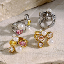 Stainless Steel Zircon Pearl Open Ring