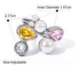 Stainless Steel Zircon Pearl Open Ring