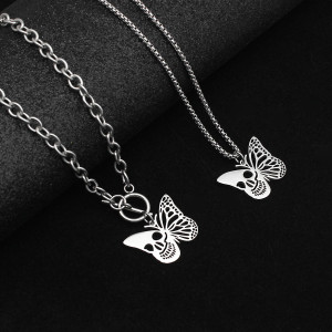 Stainless steel Halloween skull butterfly necklace