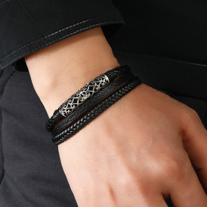 Multi layer hand woven PU fashionable magnetic buckle leather bracelet