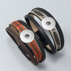 Men's and women's multi-layer hand woven leather bracelet with embossed feather magnetic buckle bracelet fit 18mm snap button jewelry