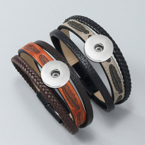 Men's and women's multi-layer hand woven leather bracelet with embossed feather magnetic buckle bracelet fit 18mm snap button jewelry