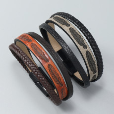 Multi layer hand woven leather bracelet with embossed feather magnetic buckle bracelet