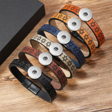 Hexagonal Star Embossed Bracelet Alloy Magnet Buckle Leather Bracelet fit 18mm snap button jewelry