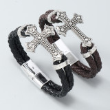 Simplified alloy cross bracelet, magnetic buckle, leather woven bracelet