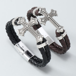 Simplified alloy cross bracelet, magnetic buckle, leather woven bracelet