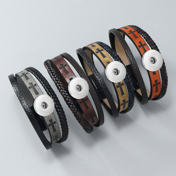 Multi layer hand woven PU leather cross leather rope magnetic buckle bracelet fit 18mm snap button jewelry