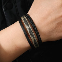 Multi layer hand woven leather bracelet with embossed feather magnetic buckle bracelet