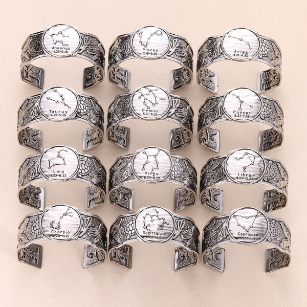 Personalized Gothic style vintage 12 constellation silver wide open bracelet