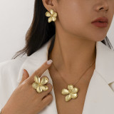 Metal three-dimensional flower necklace, earrings, ring