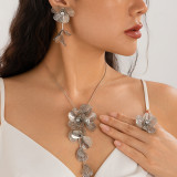 Ginkgo leaf tassel necklace with diamonds, three-dimensional flower necklace, earrings, ring