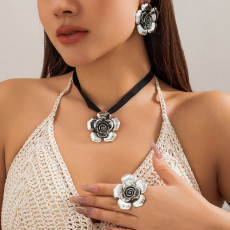 Vintage floral necklace, velvet floral collar, earrings, ring