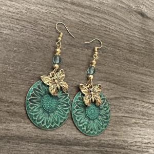 Vintage Green Sunflower Butterfly Pendant Earrings