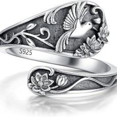 Vintage hummingbird flower opening adjustable ring