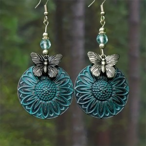 Vintage Green Sunflower Butterfly Pendant Earrings