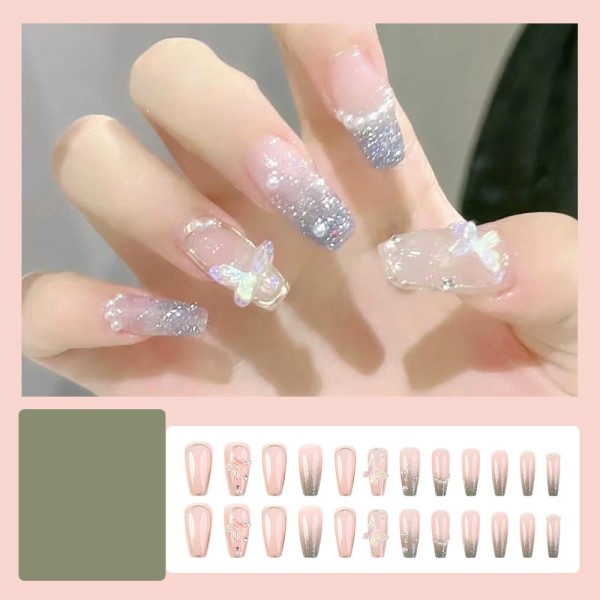 Handmade wearable nail art with silver glitter butterfly nail patches and wearable nail patches (including glue)