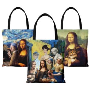 Mocking the world-famous painting Mona Lisa, oil painting Van Gogh print, eco-friendly bag, canvas bag