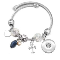 Stainless Steel Couple cross Opening Adjustable Crystal Beaded Bracelet fit snaps jewelry