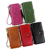 Personalized and fashionable long wallet wallet, simple wax leather, solid color change bag, hand-held bag