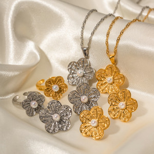 Stainless steel flower necklace earrings ring