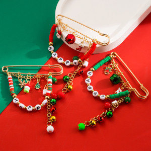 Christmas fun brooch alloy bead HAPPY letter bell accessories fashion holiday brooch