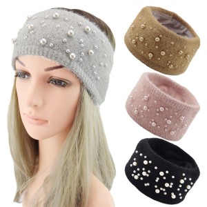 Knitted pearl headband, imitation mink fur woven headband, warm woolen headband